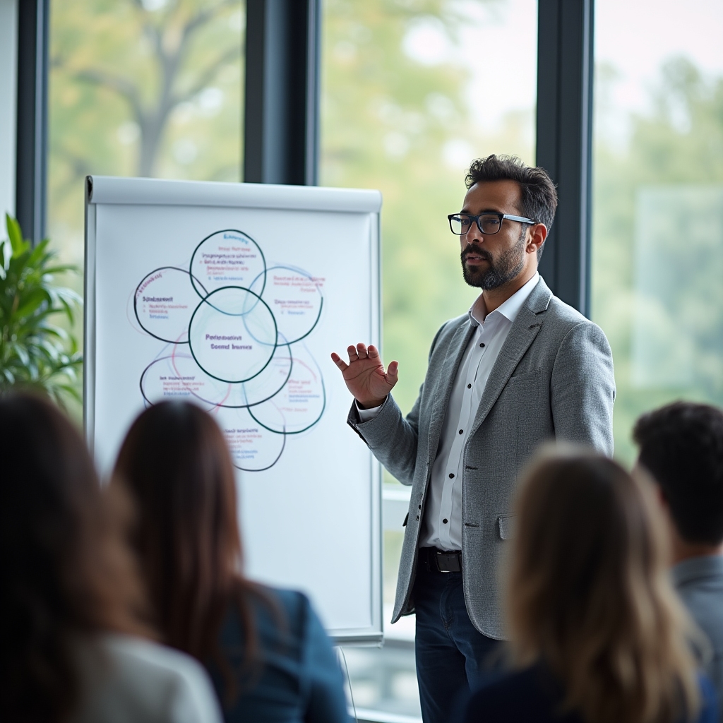 Lehrende Person erklärt ein Diagramm zu Rollenübergängen auf einem Flipchart